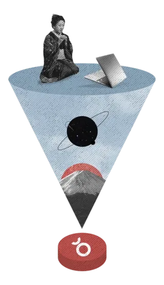 A collage of a woman in a kimono kneeling beside a laptop on a cone of light that rises from a red button bearing the Bushido mark, with Mount Fuji, a red sun and a ringed planet inside it.