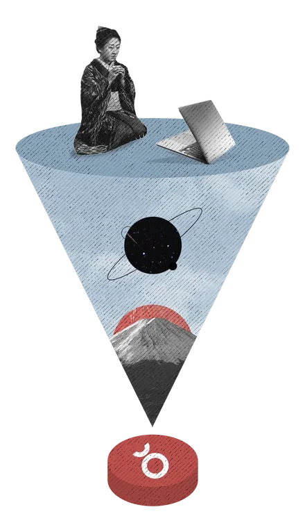 A collage of a woman in a kimono kneeling beside a laptop on a cone of light that rises from a red button bearing the Bushido mark, with Mount Fuji, a red sun and a ringed planet inside it.